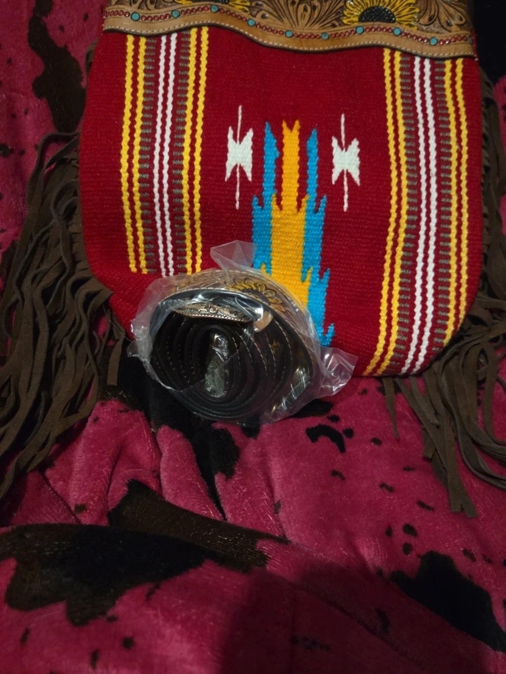 Southwestern Red Woven Fringe Crossbody Bag with Turquoise & Yellow Pattern With